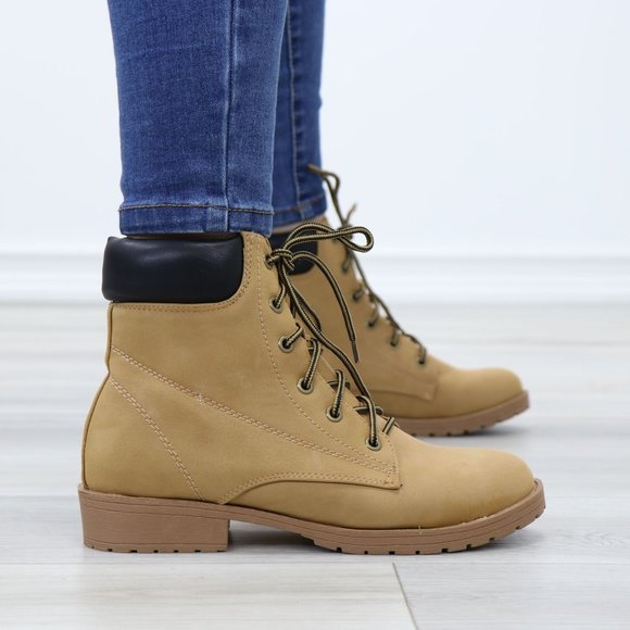 Shoes - Woman's Faux Nubuck Camel Lug-Sole Combat Ankle Boots